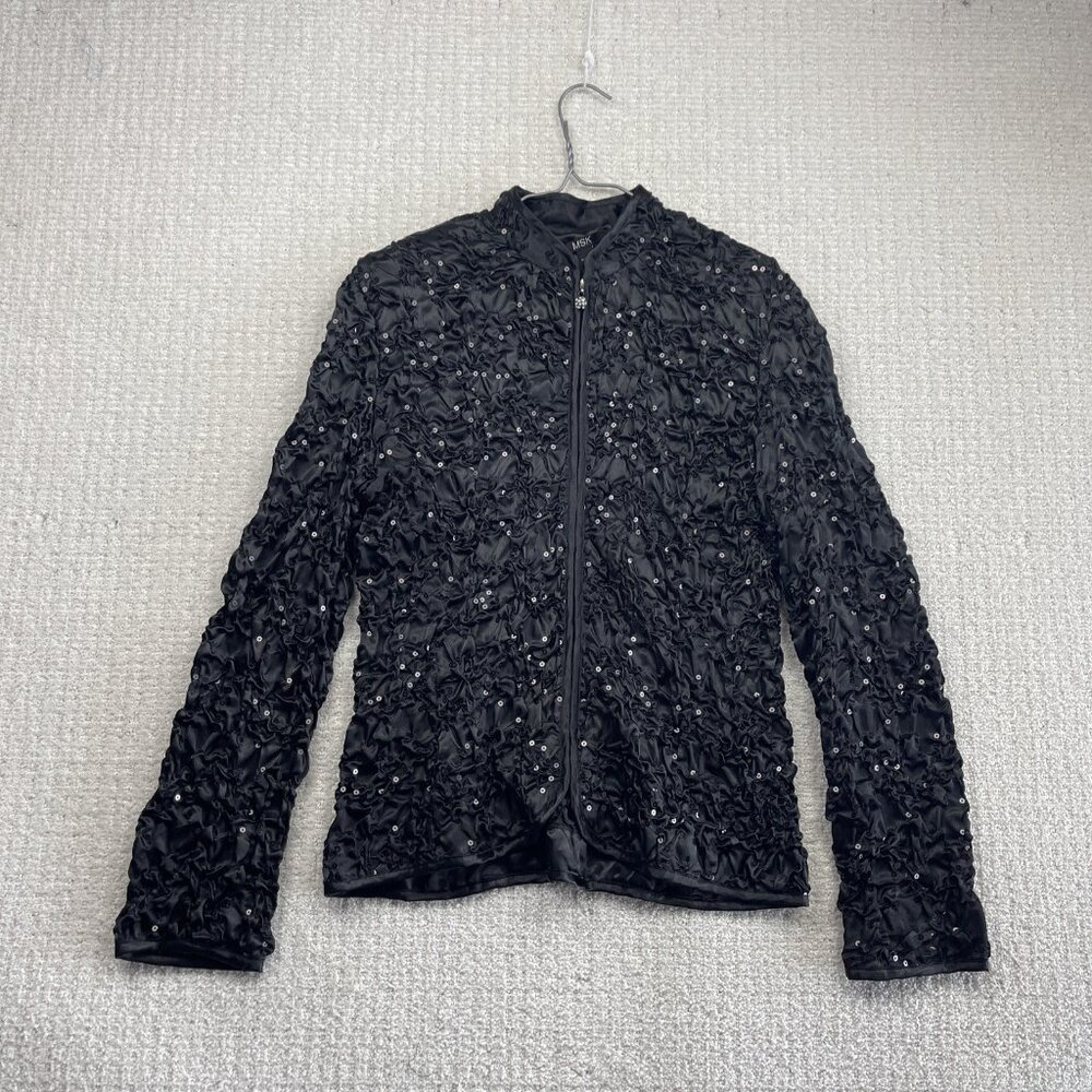 Y2K MSK Full Zip Glam Sequin Jacket Sz L Whimsigoth All Over Crinkled Ruched